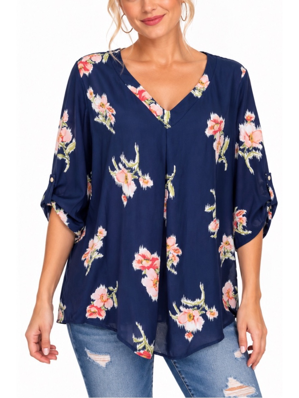 Verse navy blue floral blouse with a relaxed, flowy silhouette